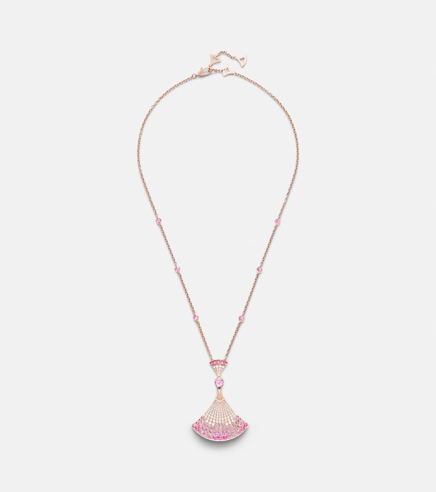 Divas' Dream 18kt rose gold pendant necklace with diamonds, sapphires, and rubies