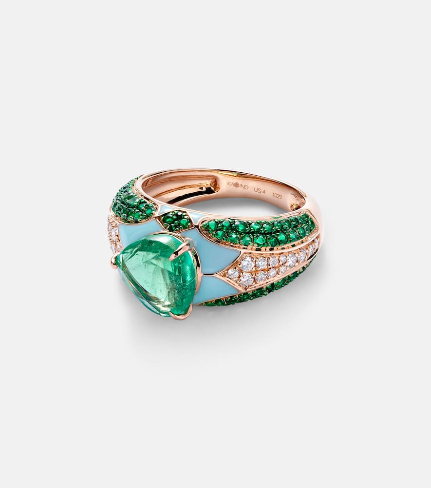 Oasis 18kt gold and enamel pinky ring with emeralds and diamonds