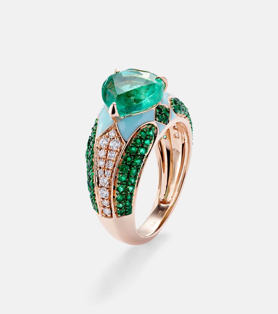 Oasis 18kt gold and enamel pinky ring with emeralds and diamonds