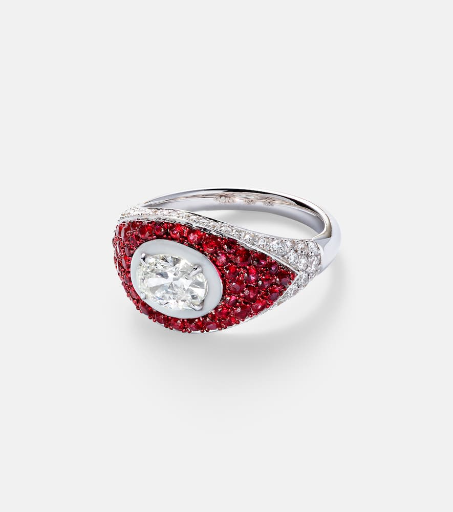 18kt white gold pinky ring with diamonds and rubies