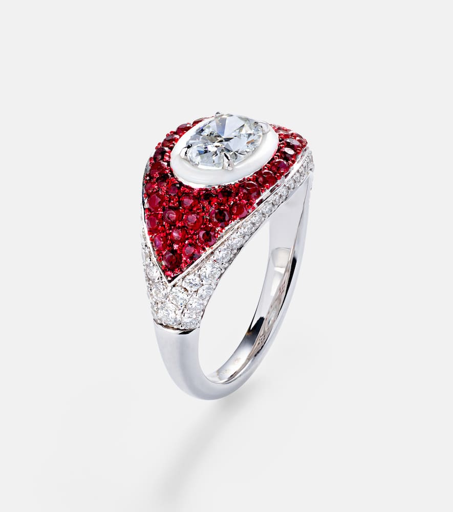 18kt white gold pinky ring with diamonds and rubies