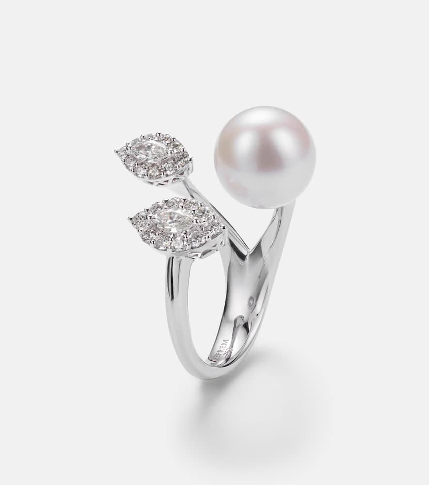 Pearlescent 18kt white gold ring with diamonds and pearl