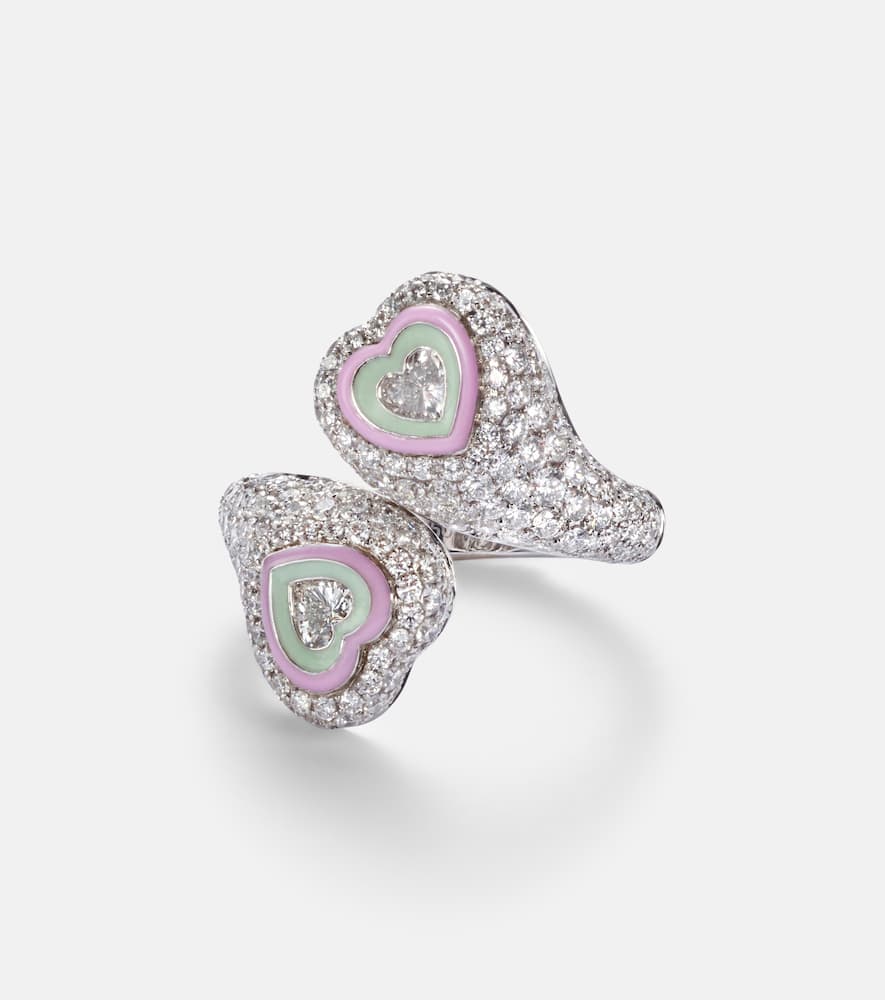 Gemini Heart 18kt white gold and enamel pinky ring with diamonds