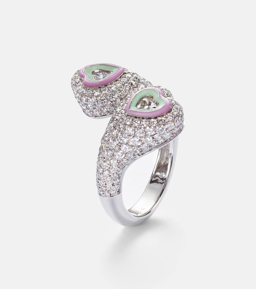 Gemini Heart 18kt white gold and enamel pinky ring with diamonds