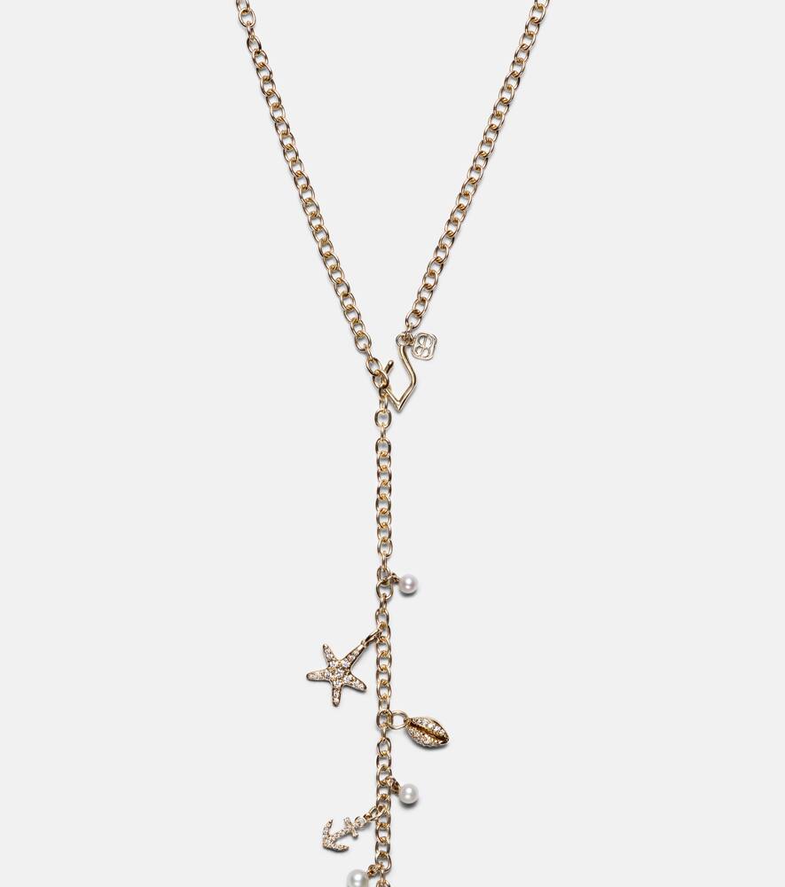 14kt gold charm necklace with diamonds and pearls