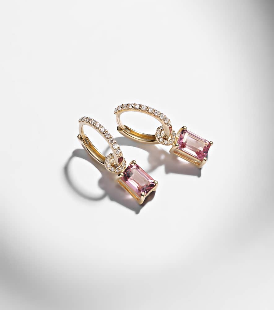 14kt gold huggie earrings with tourmaline and diamonds