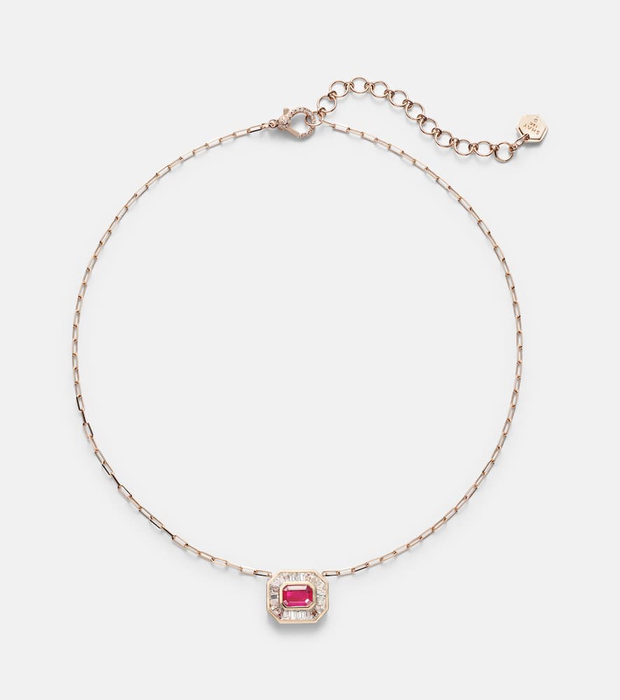 Halo Mini 18kt rose gold necklace with diamonds and ruby
