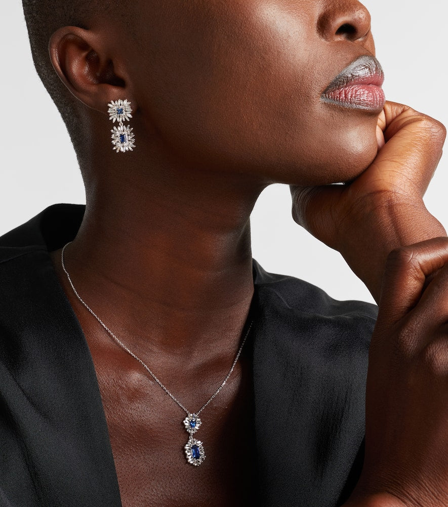 18k white gold drop earrings with blue sapphires and diamonds