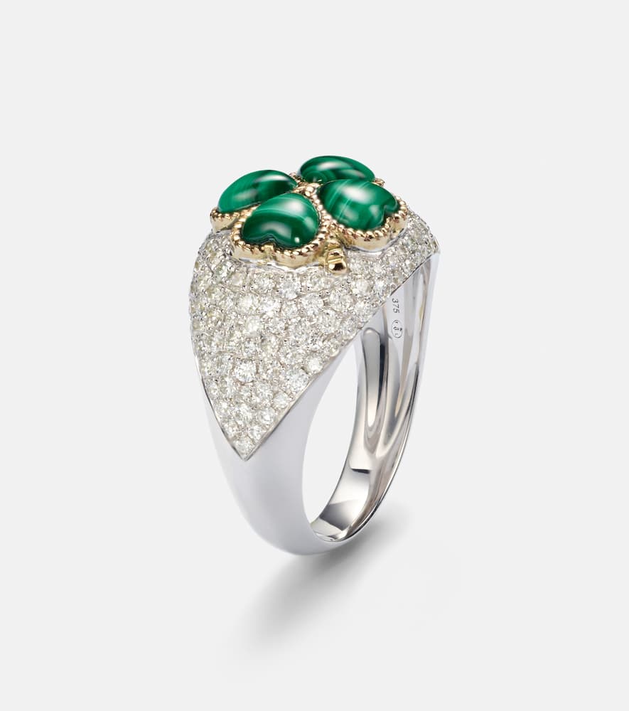 Yvonne Léon 9kt white gold ring with diamonds and malachite