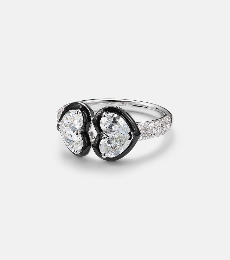 Twin Heart 18kt white gold and enamel ring with diamonds