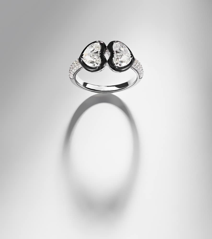 Twin Heart 18kt white gold and enamel ring with diamonds