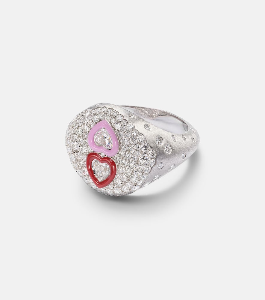 18kt white gold ring with diamonds and enamel
