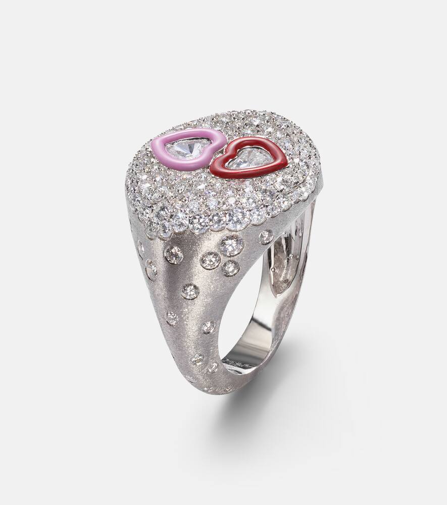 18kt white gold ring with diamonds and enamel