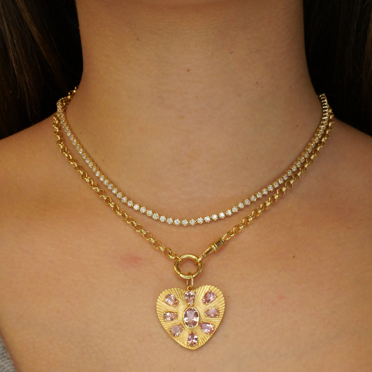 Gold Pink Sapphire Fluted Heart Pendant