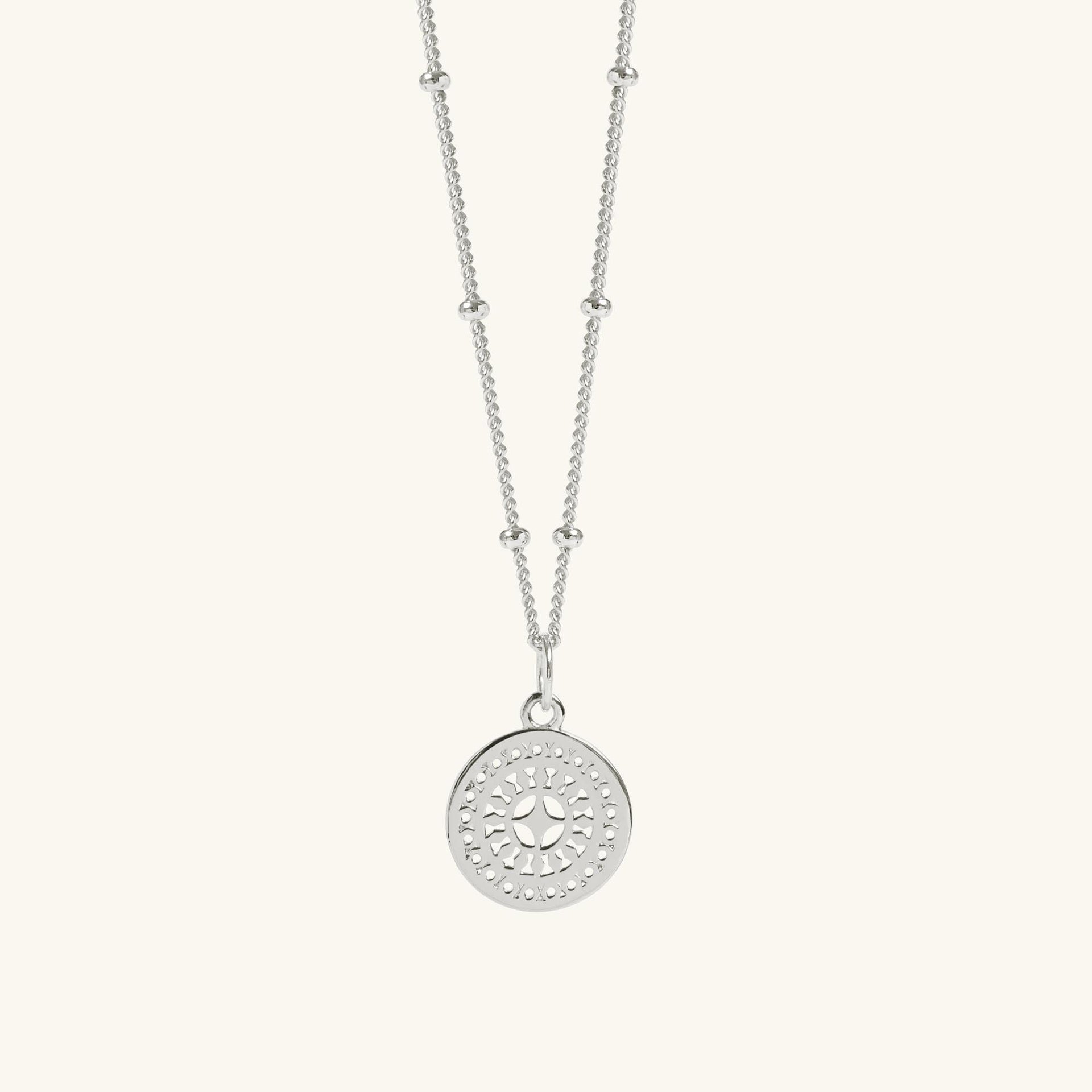 Mini Ancient Sun Pendant Bead Chain Necklace Silver