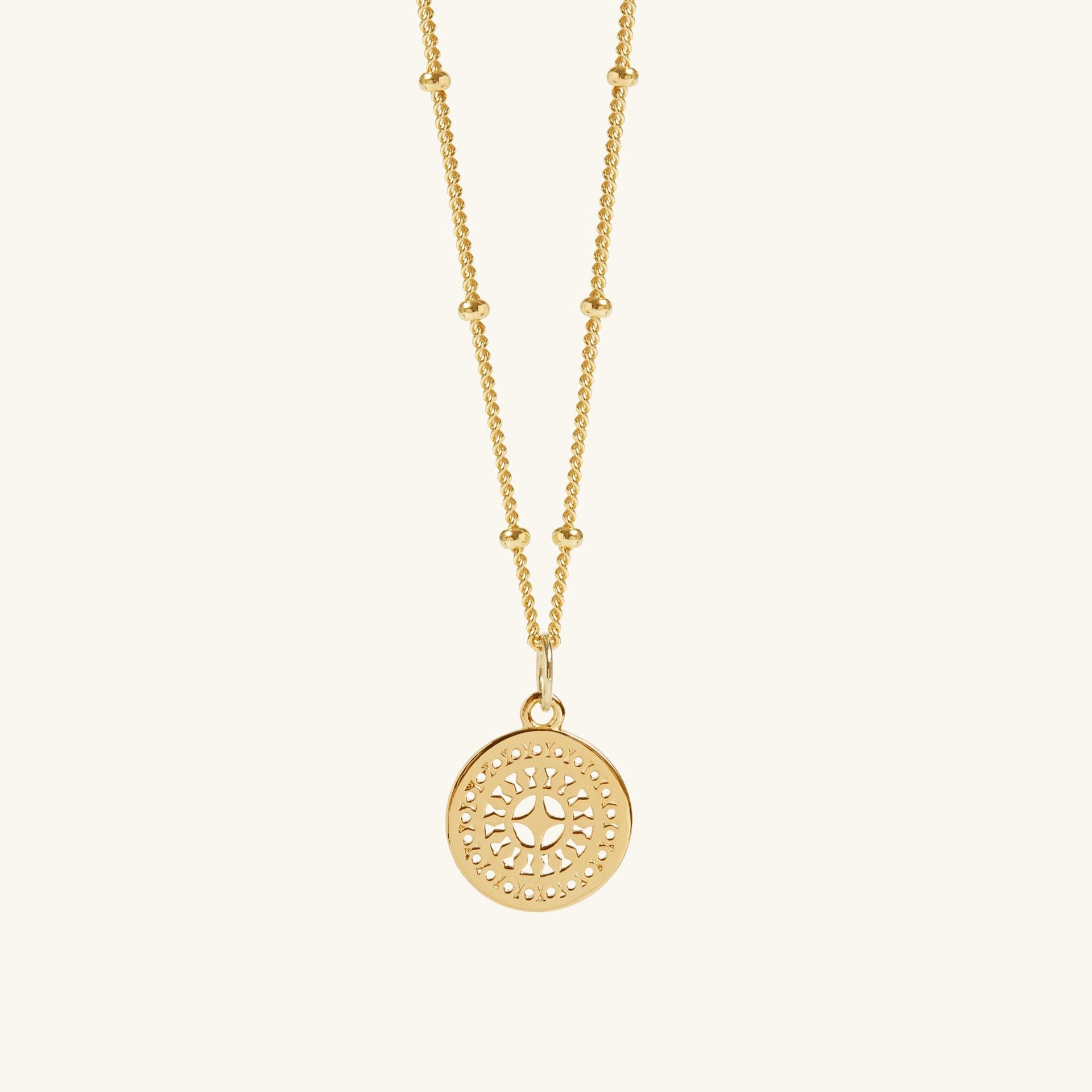 Mini Ancient Sun Pendant Bead Chain Necklace Gold