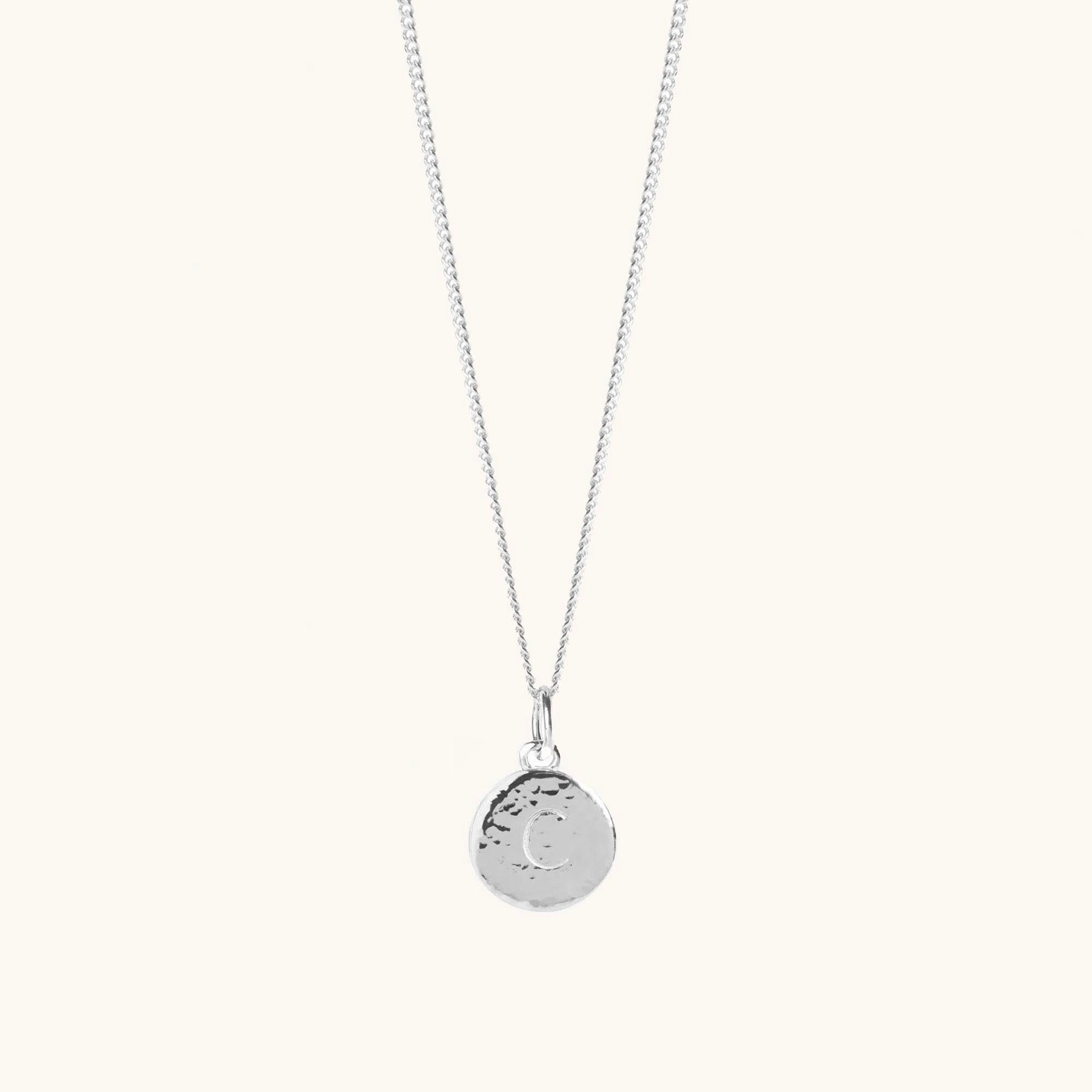 Initial Hammered Disc Curb Chain Necklace in Silver
