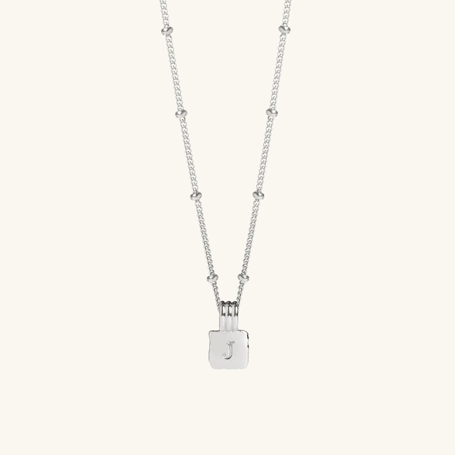 Mini Initial Square Charm Necklace Silver With Bead Chain