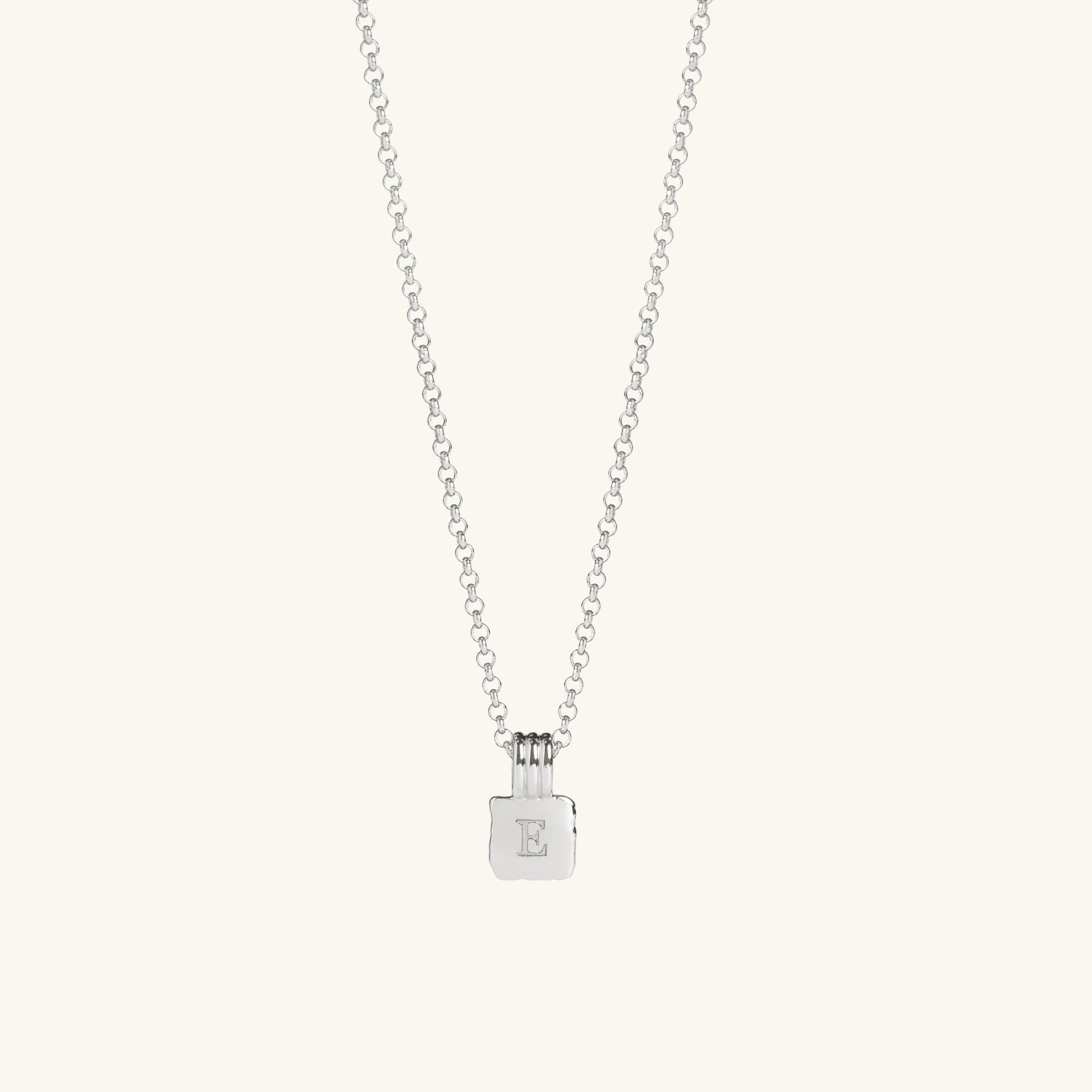 Mini Initial Square Charm Necklace Silver