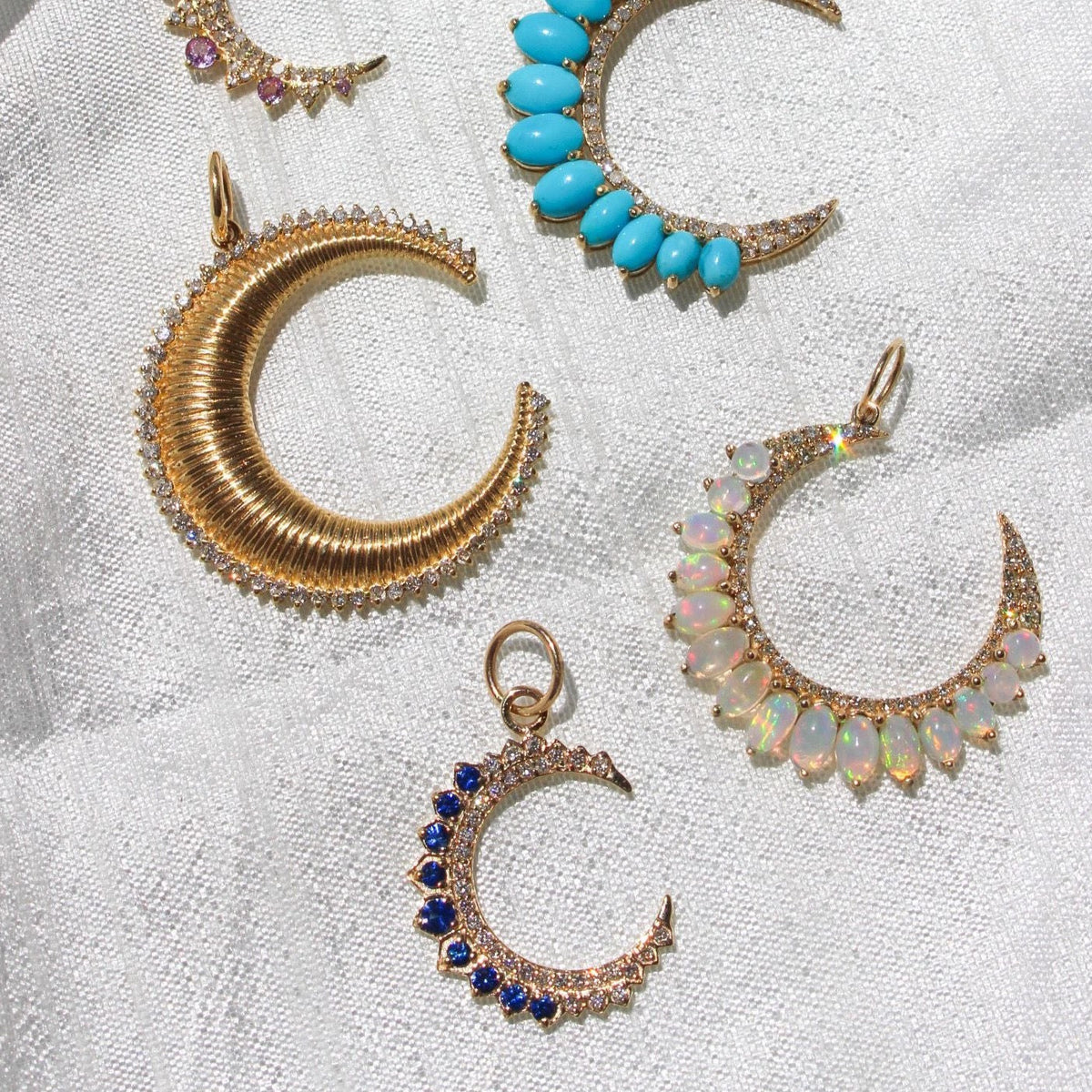Gold Diamond Sapphire Crescent Moon Pendant