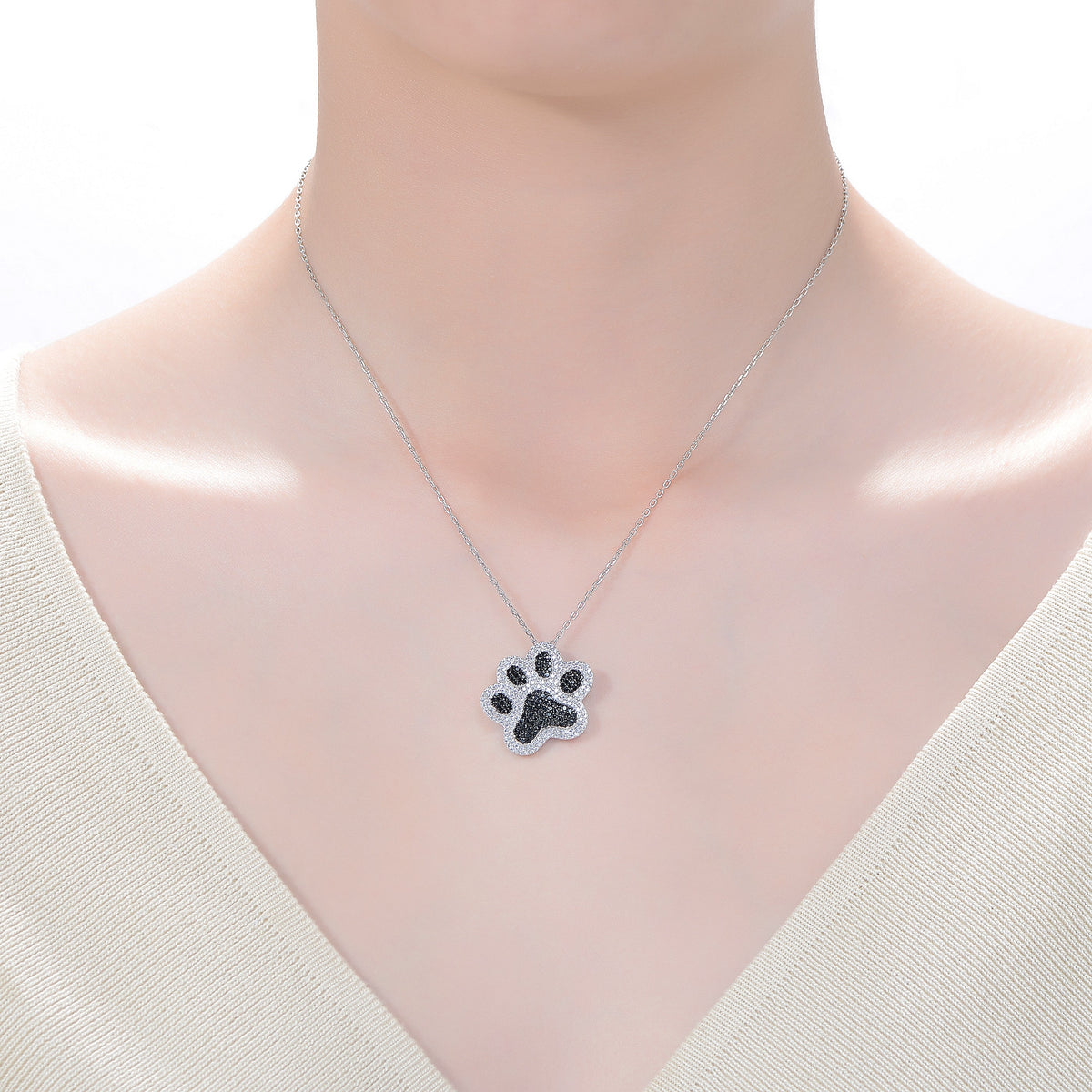 Danielle Black & White Cubic Zirconia Cat Dog Pet Paw Pendant