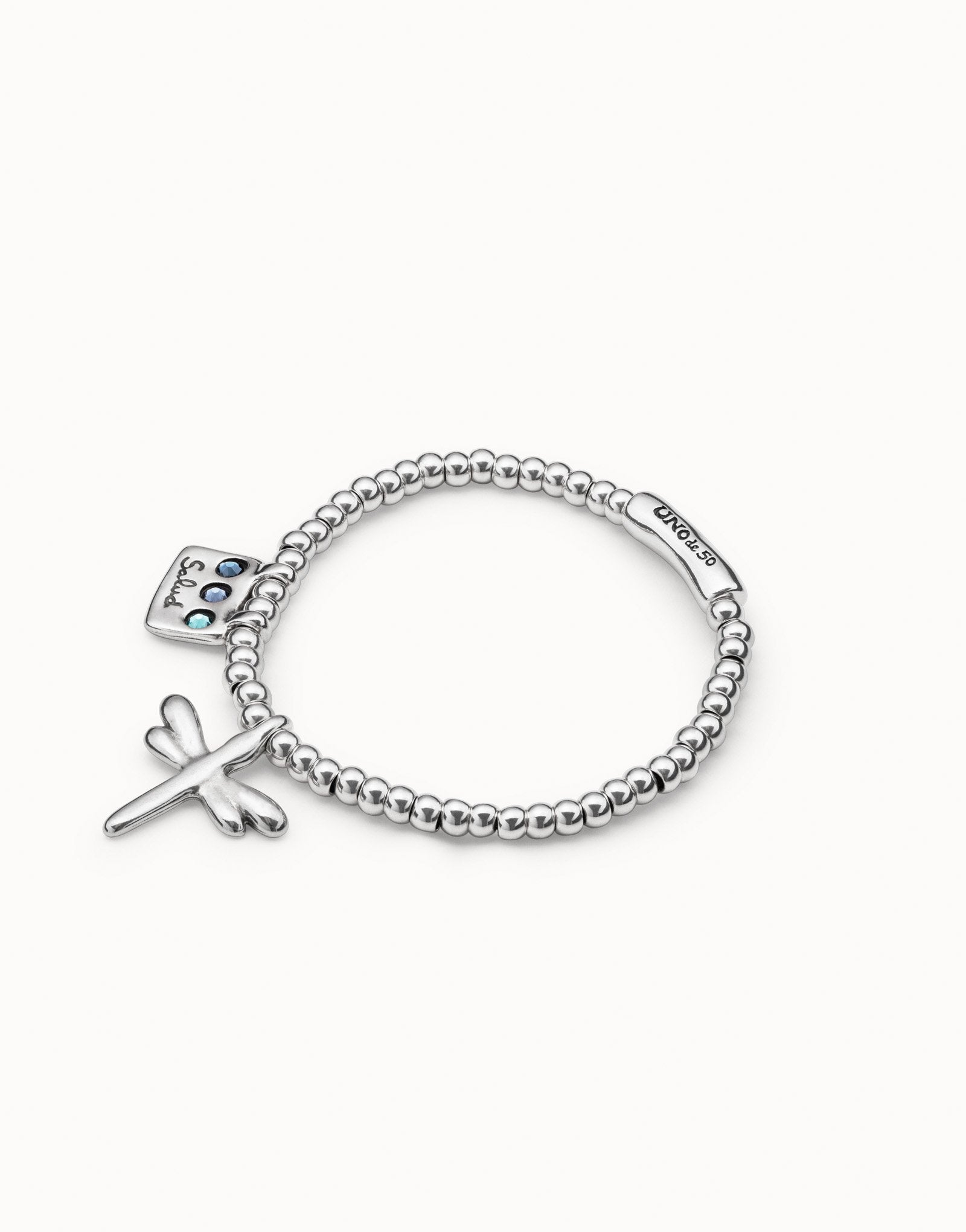 Beaded stretch bracelet with a dragonfly charm