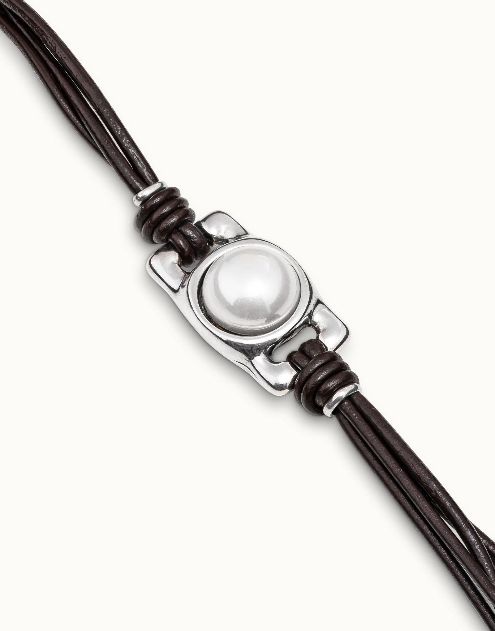 Brown leather bracelet with rectangular white bead
