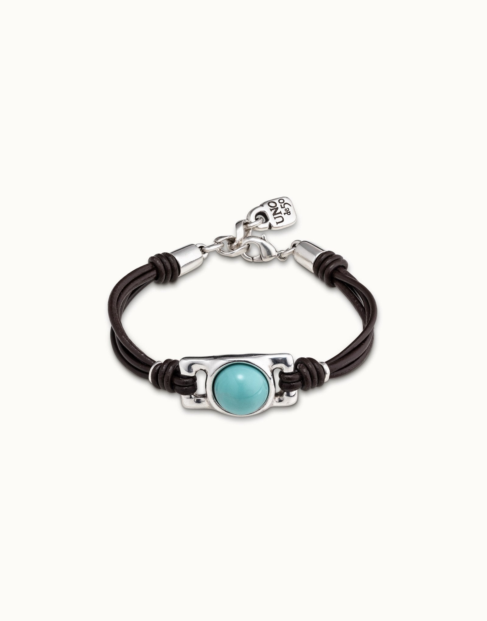 Brown leather bracelet with rectangular blue bead