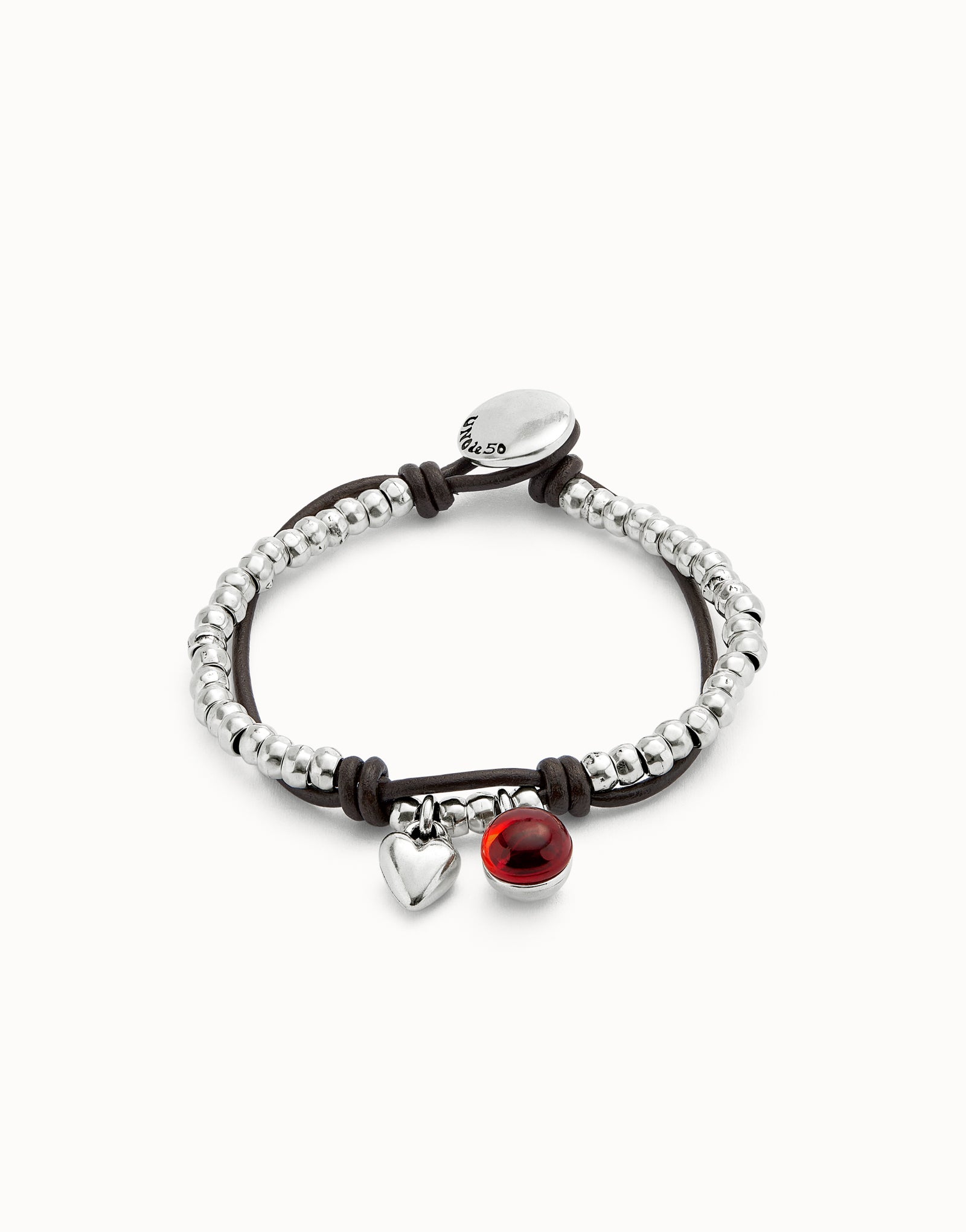 Leather beaded bracelet with red murano glass