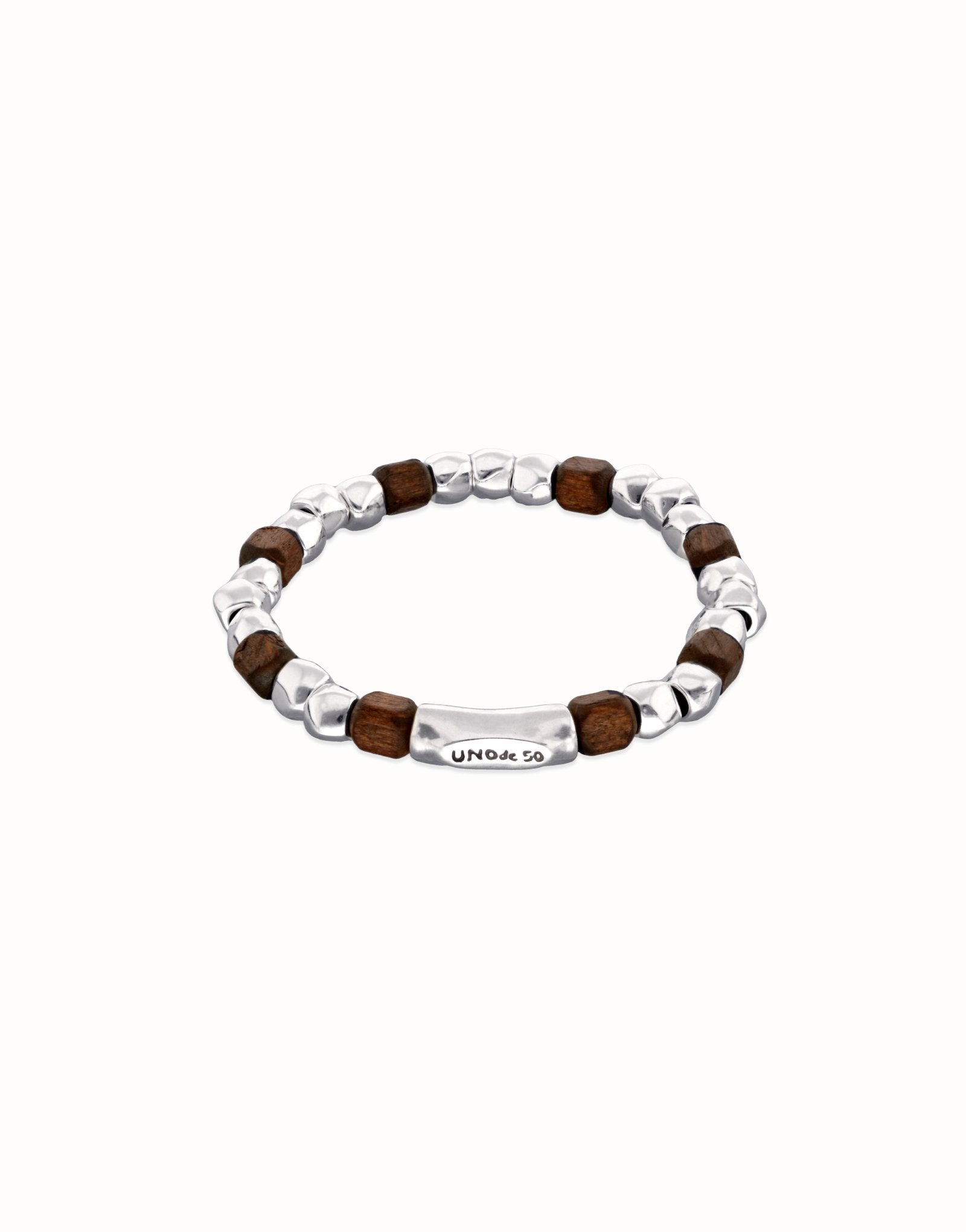 Stretch bracelet with silver and wooden beads