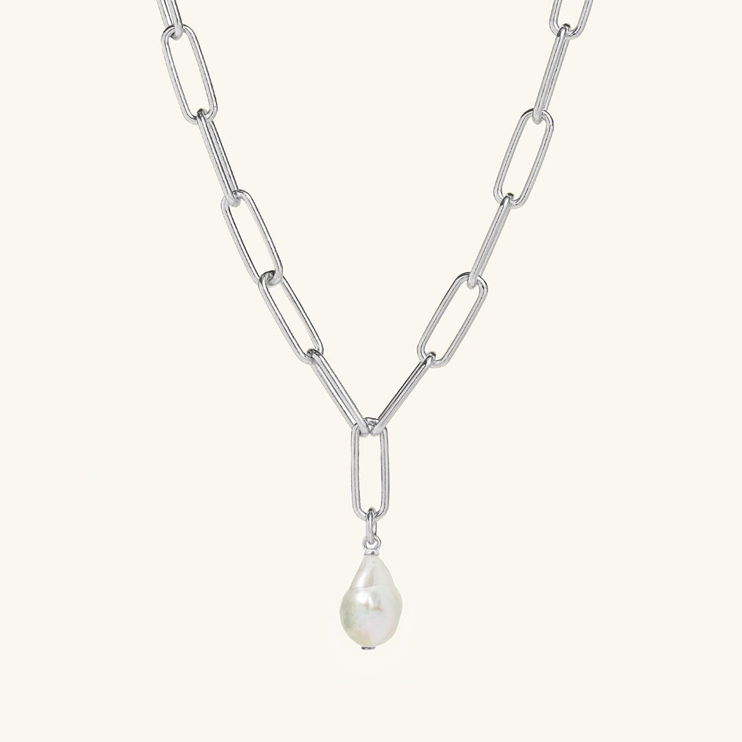 Freshwater Pearl Charm Paperclip Necklace Silver