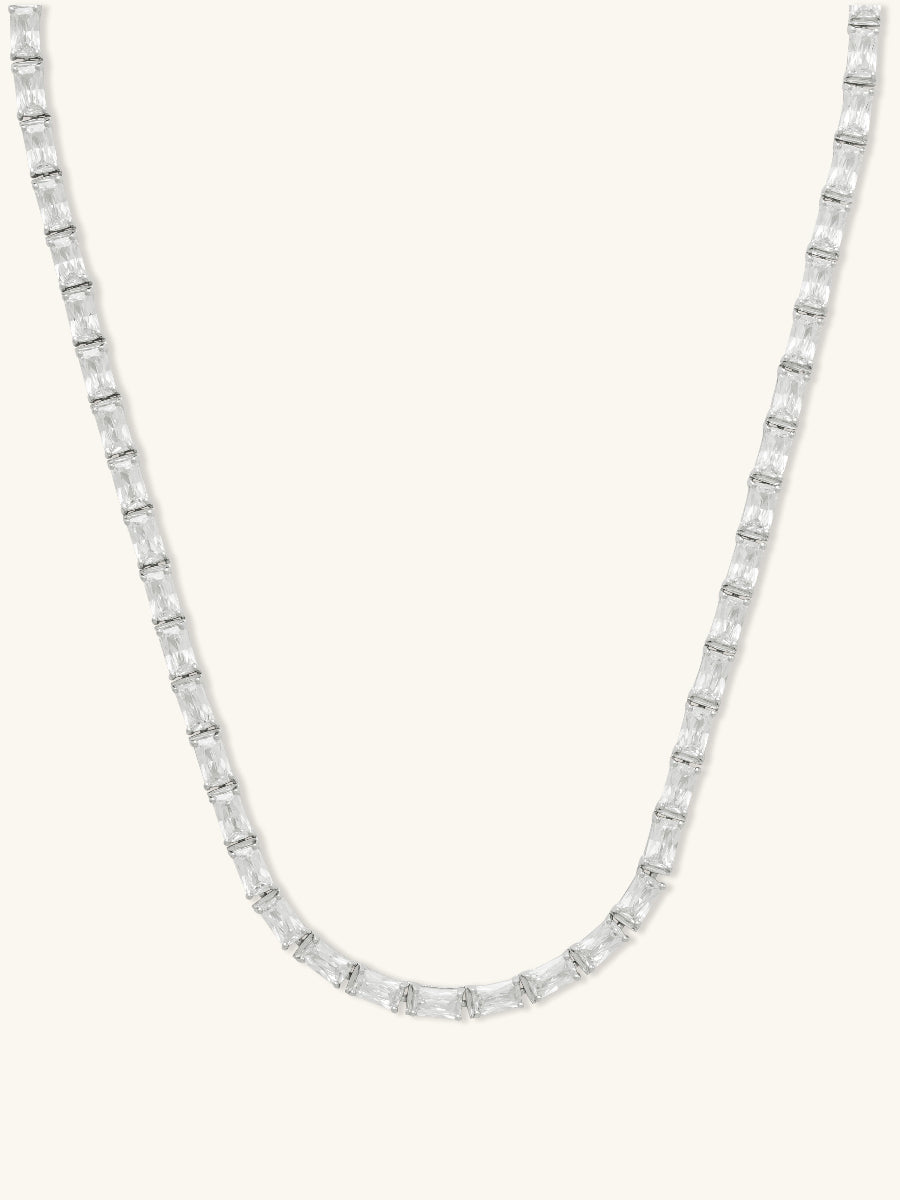 Pave 925 Sterling Silver Baguette Tennis Necklace