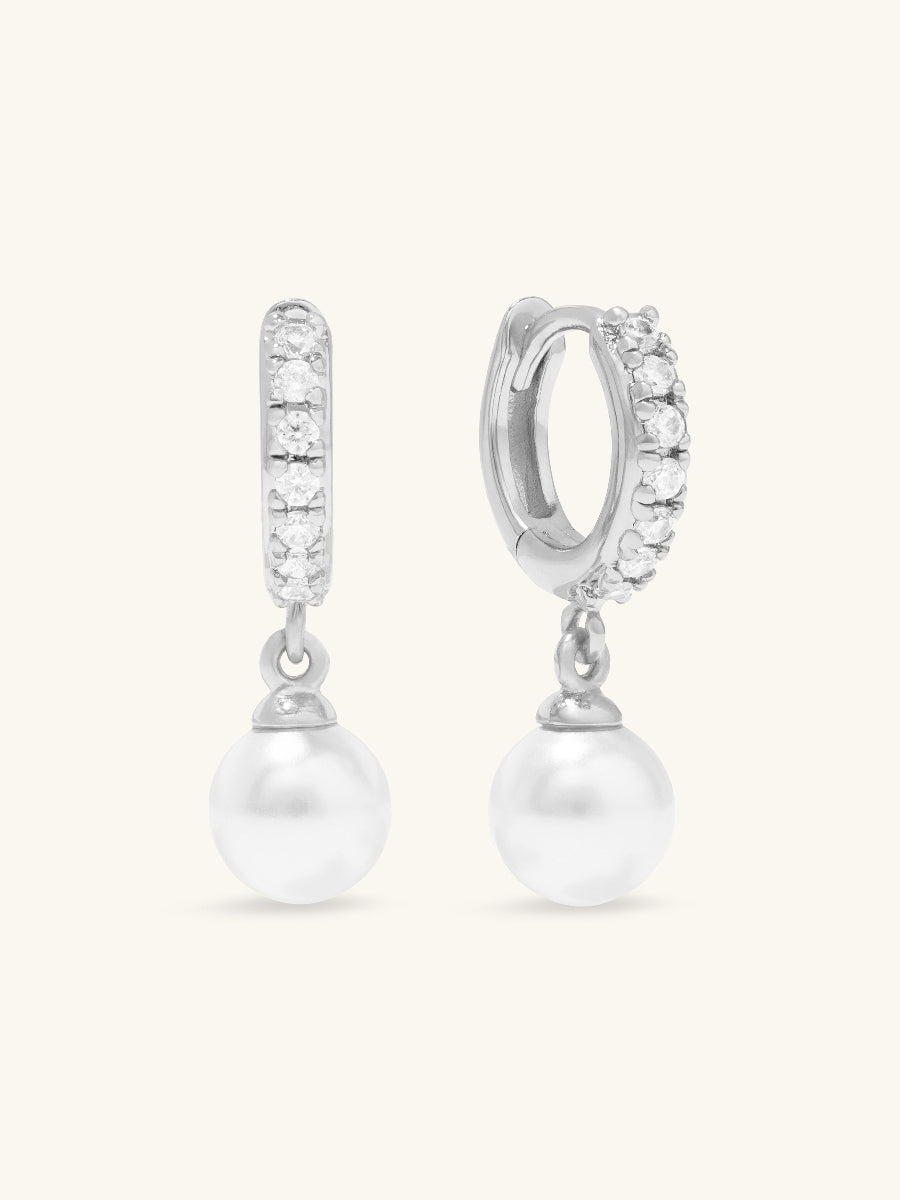 Pave Pearl Silver Drop 7mm Baby Huggie Earrings