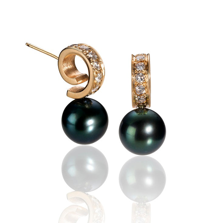 Cirrus Tahitian Pearl Post Earrings With Front Diamonds