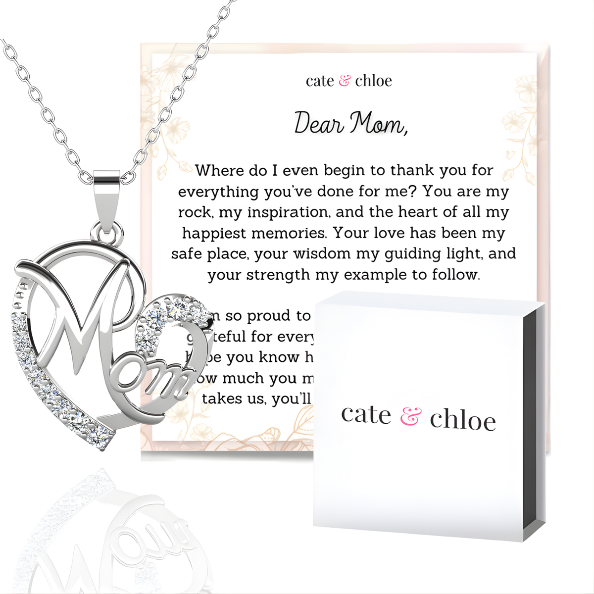 Persephone 18k White Gold Plated Necklace with Simulated Diamond Crystals & Heartfelt Message for Mom