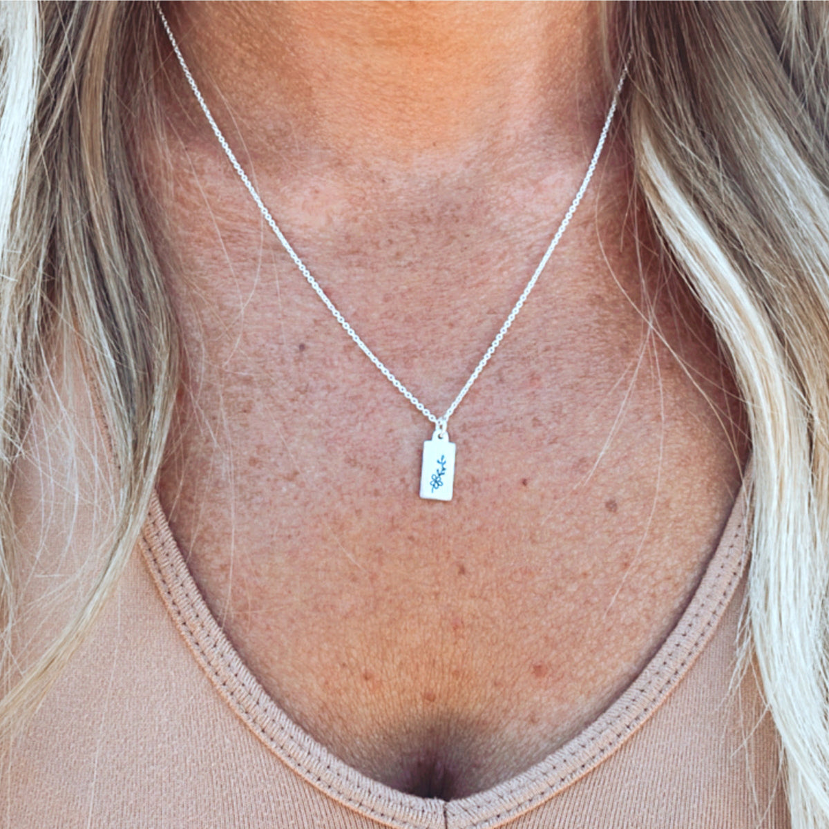 Personalized Tiny Rectangle Pendant - Birth Flower Necklace