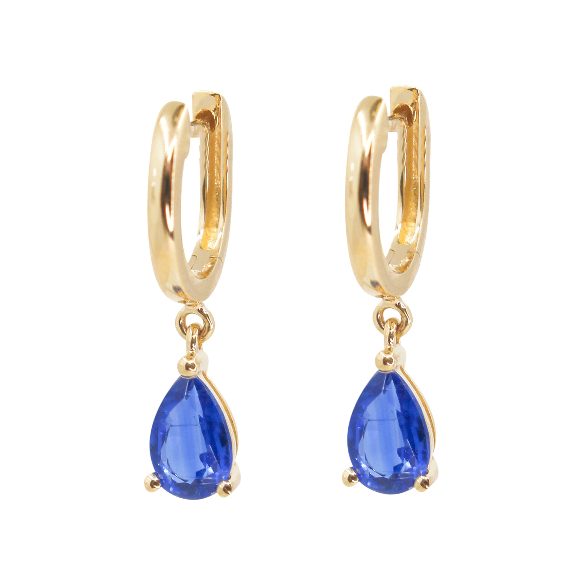 Gold Blue Sapphire Pear Hoop Drop Earring