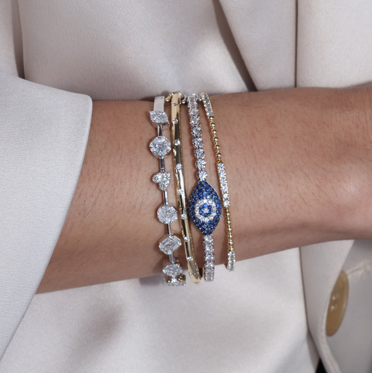 Gold Diamond Blue Sapphire Evil Eye Bangle