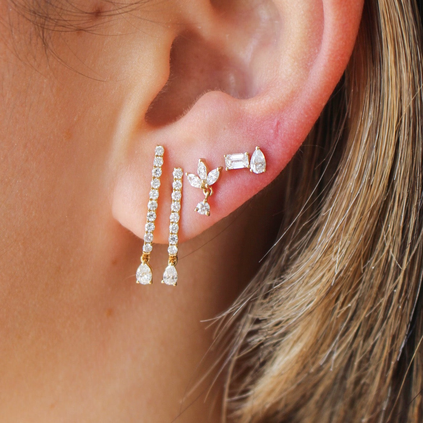 Gold Diamond Double Bar Pear Drop Earrings