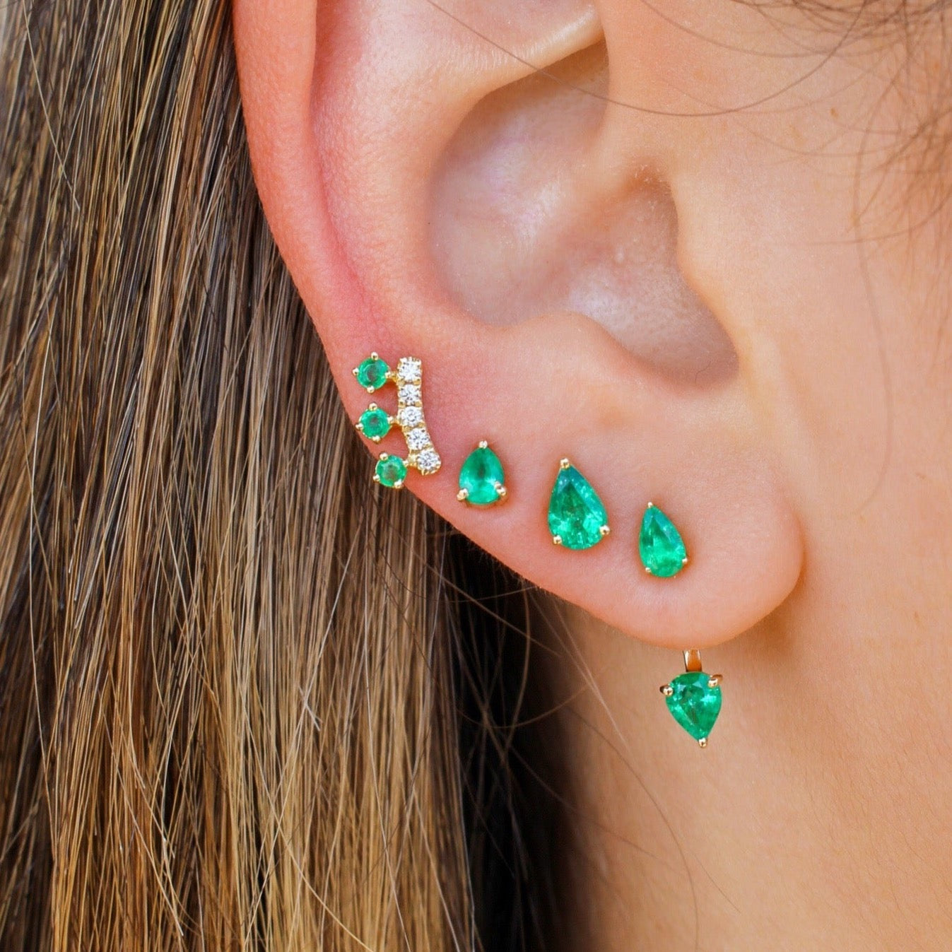 Gold Diamond Triple Emerald Bar Earring