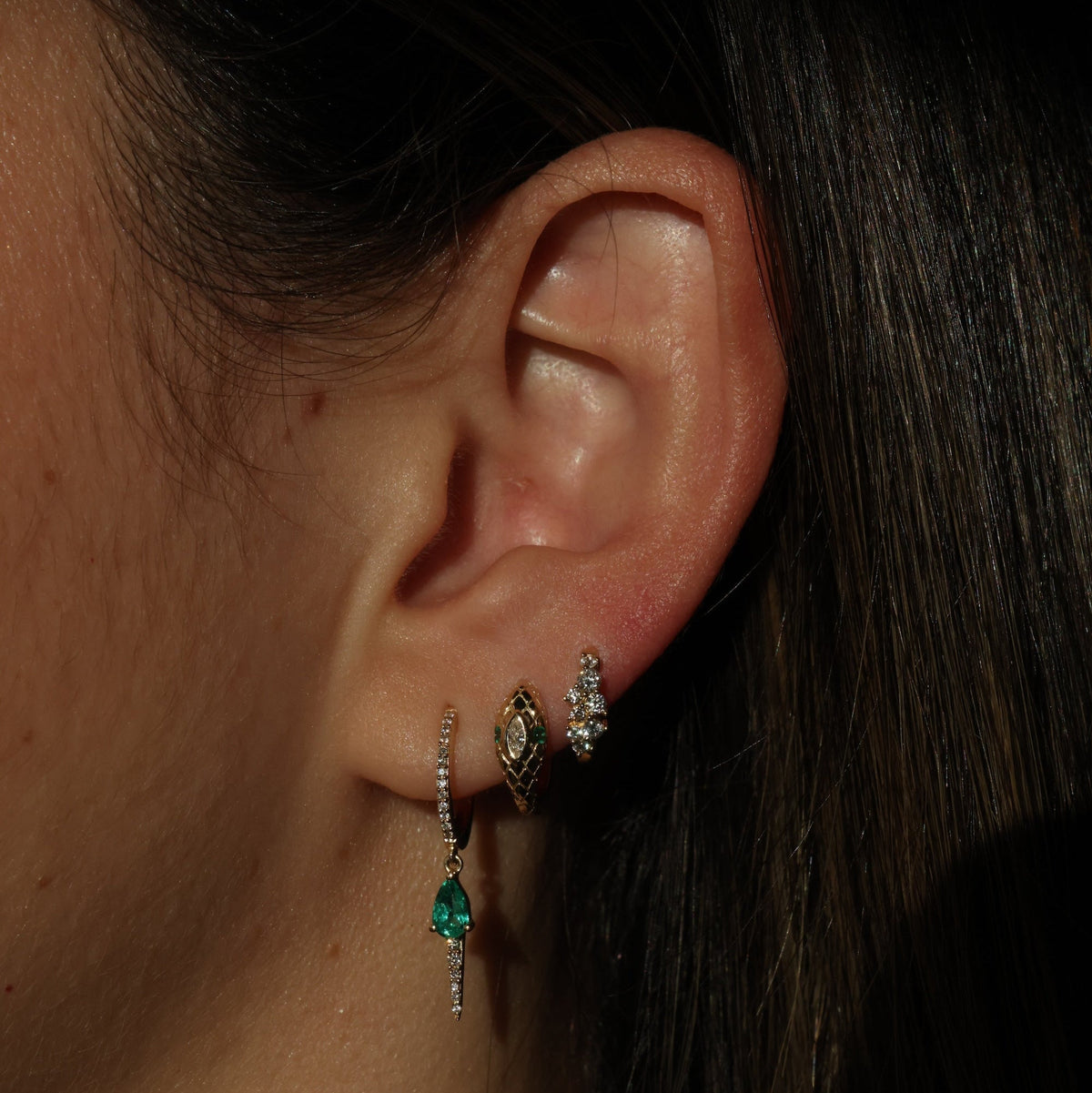 Gold Diamond and Emerald Snake Hoop Earring