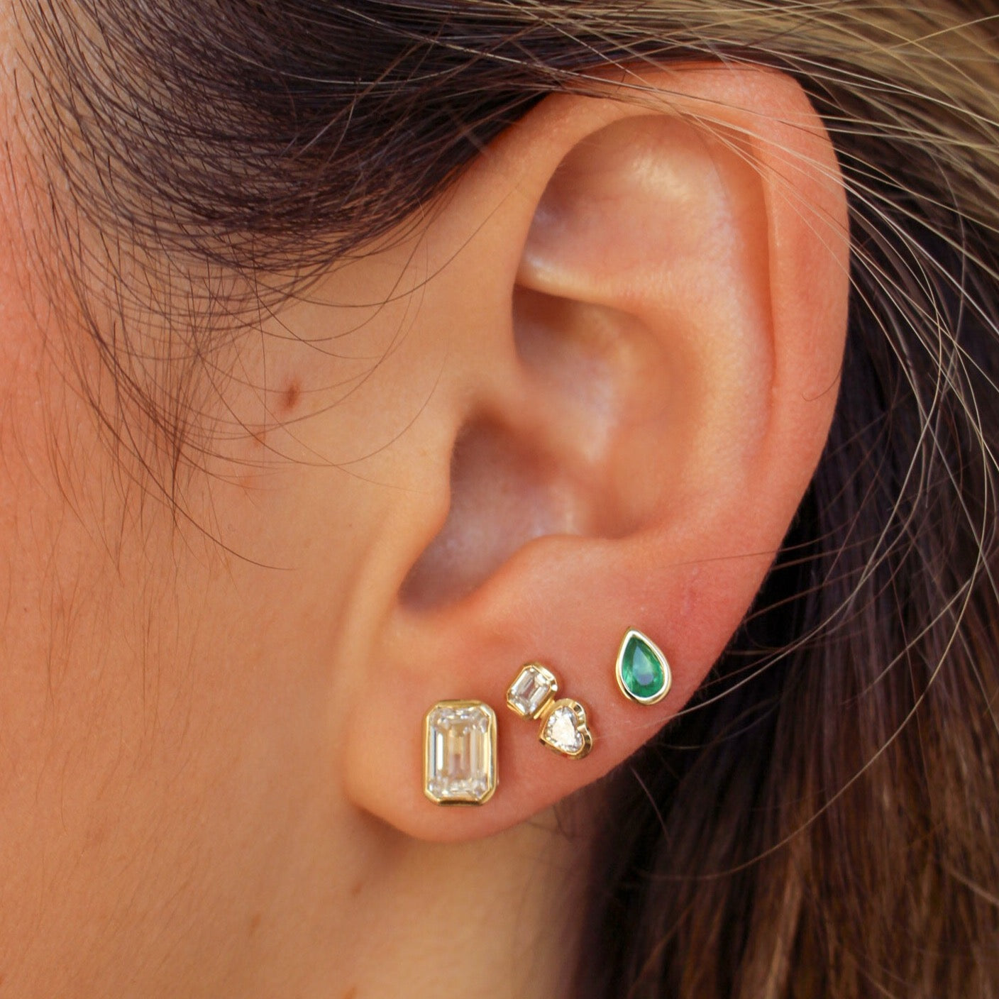 Gold Emerald Bezel Pear Stud