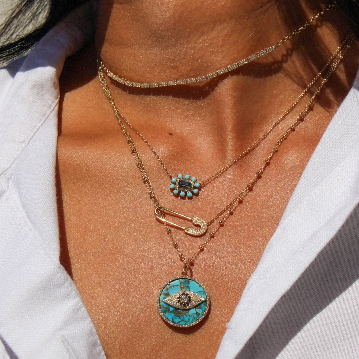 Gold Pave Diamond Rectangle Bar Tennis Necklace