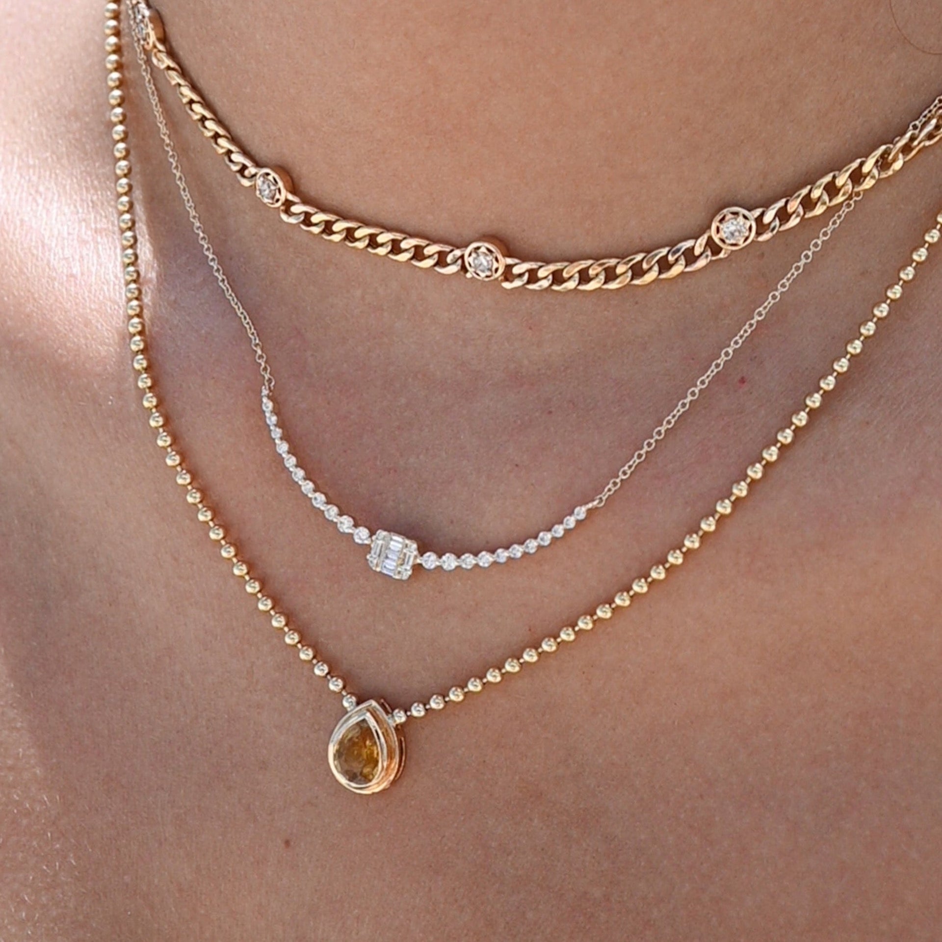 Gold Pear Yellow Sapphire Ball Chain Necklace