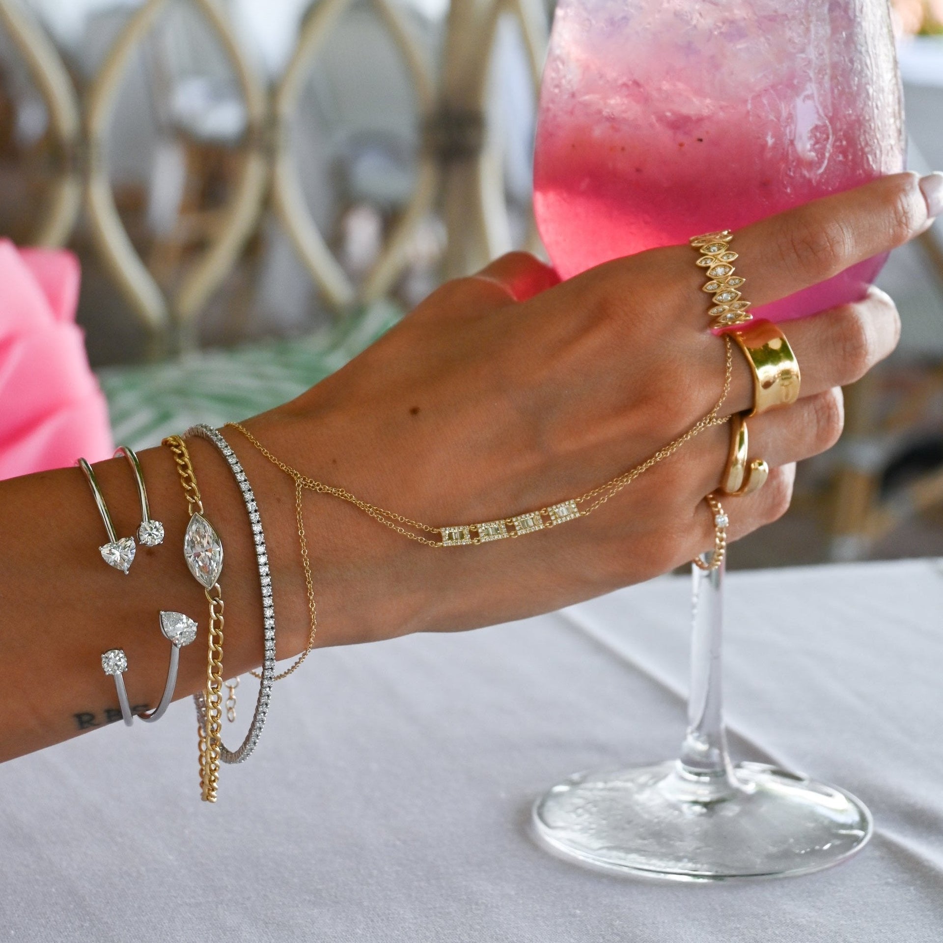 Gold Lab Grown Round and Heart Diamond Bangle