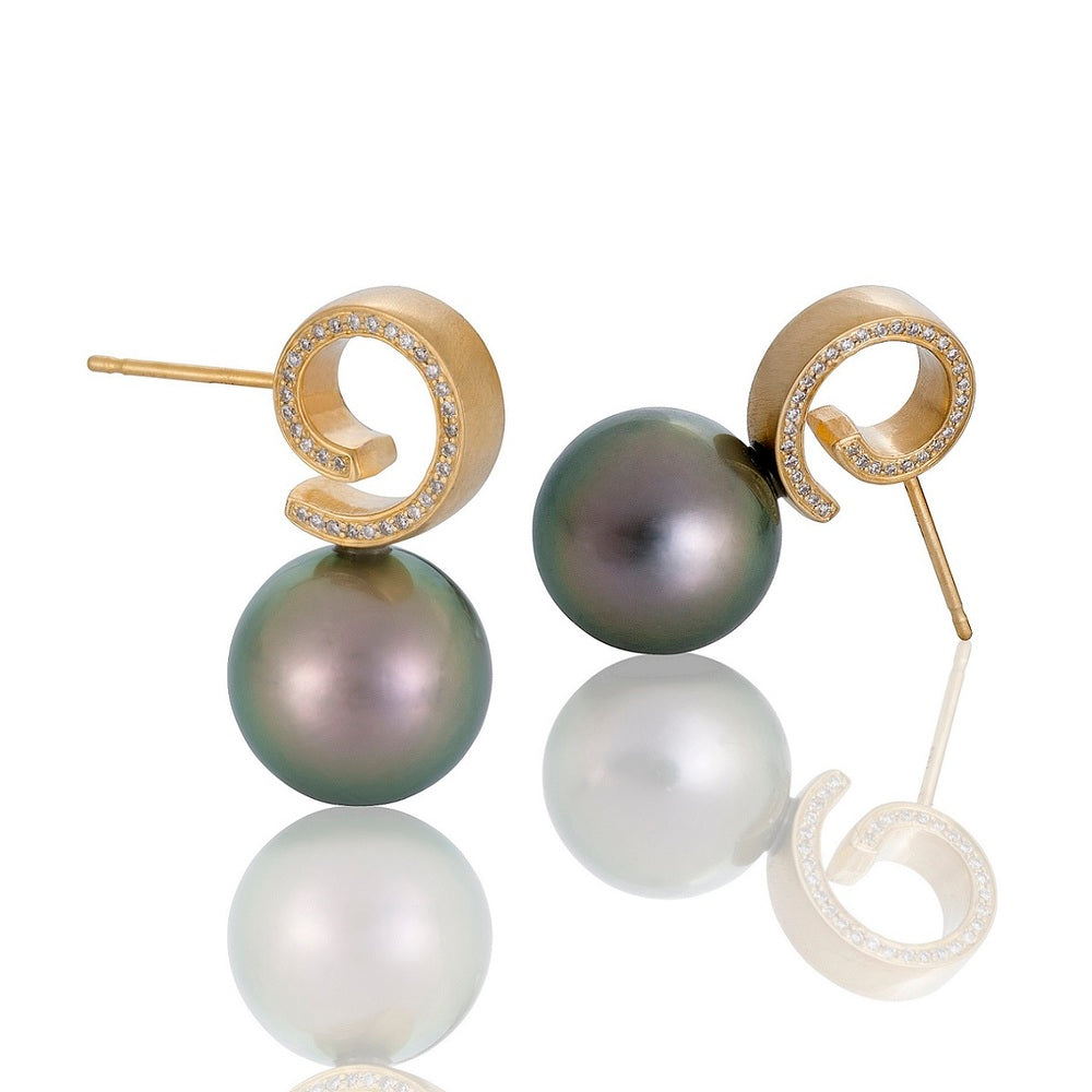 Cirrus Tahitian Pearl Post Earrings With Side Diamonds