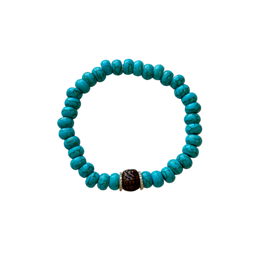Gold Diamond Large Turquoise Wood Beaded Bracelet