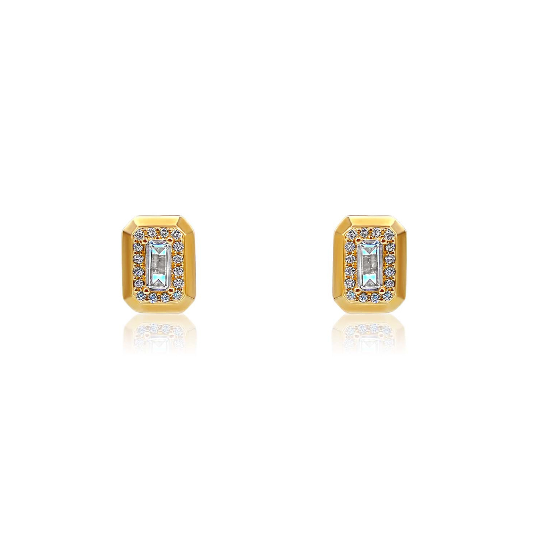 Gold Diamond White Topaz Emerald Cut Earring
