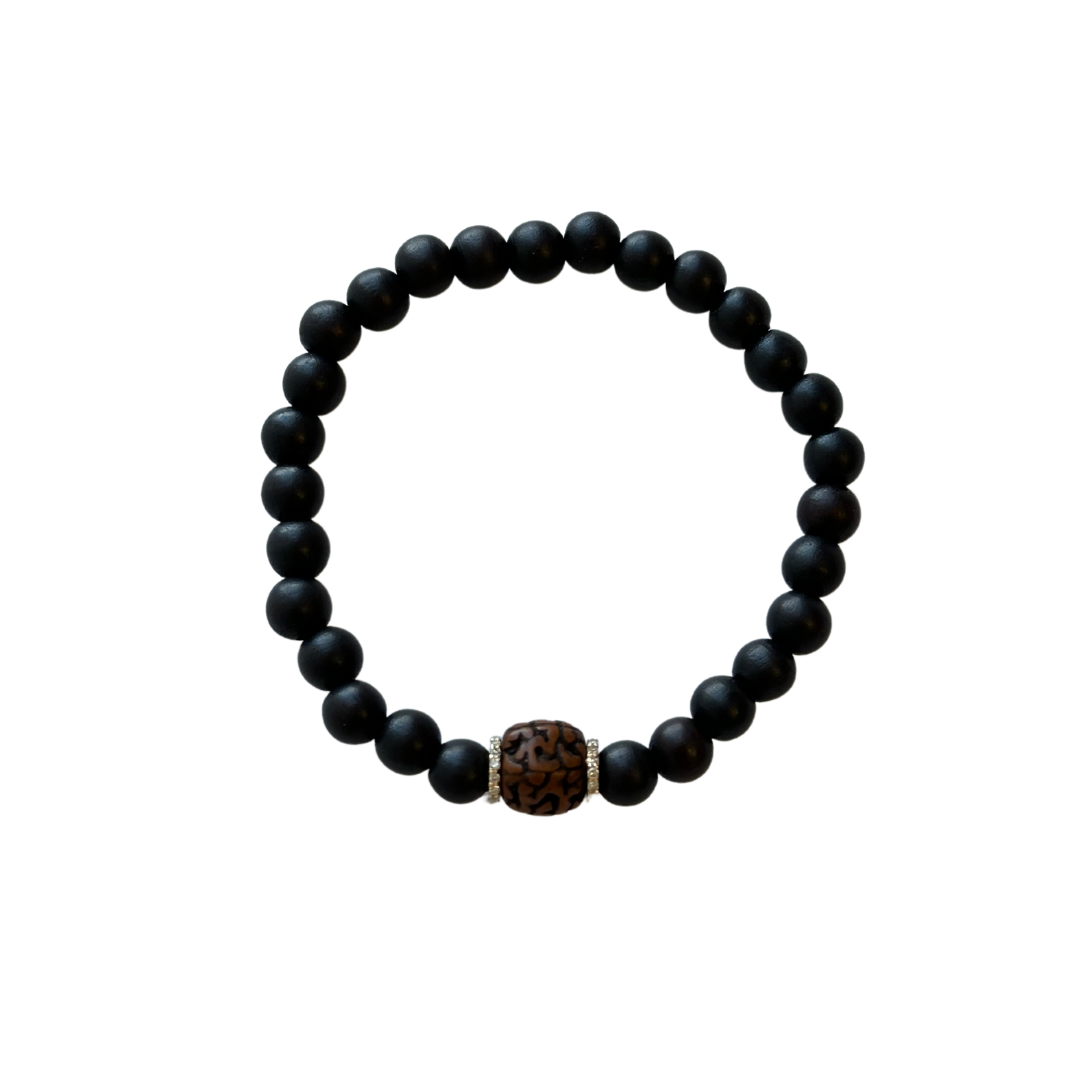 Gold Diamond Large Black Wood Beaded Bracelet