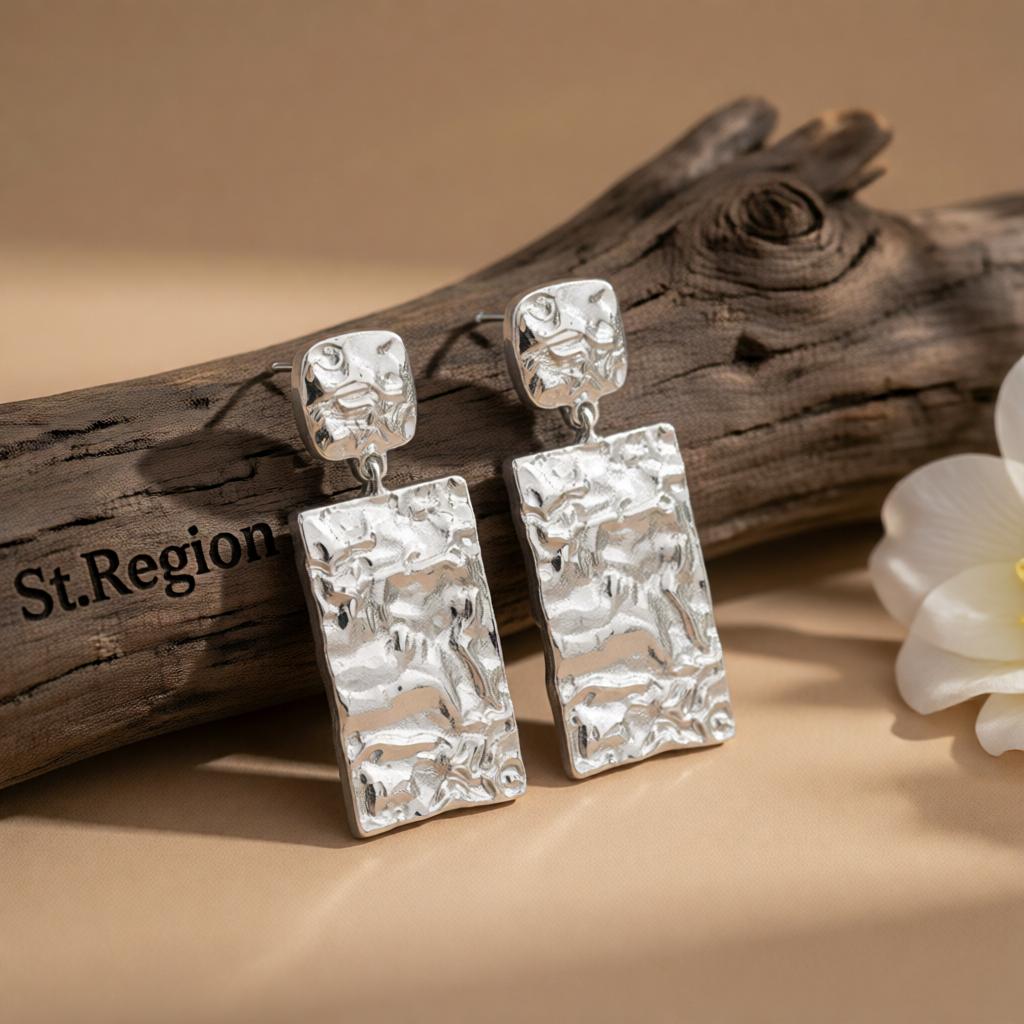 Silver-Plated Textured Rectangle Drop Earrings